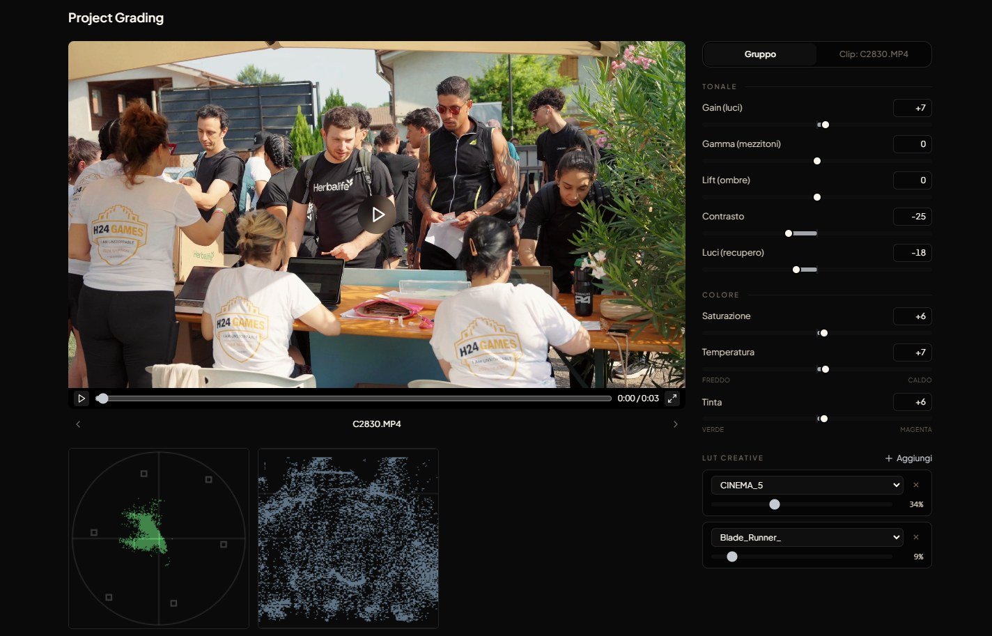 Project Grading: the player with vectorscope and waveform, the tonal and colour controls, the creative LUTs stacked on the shot